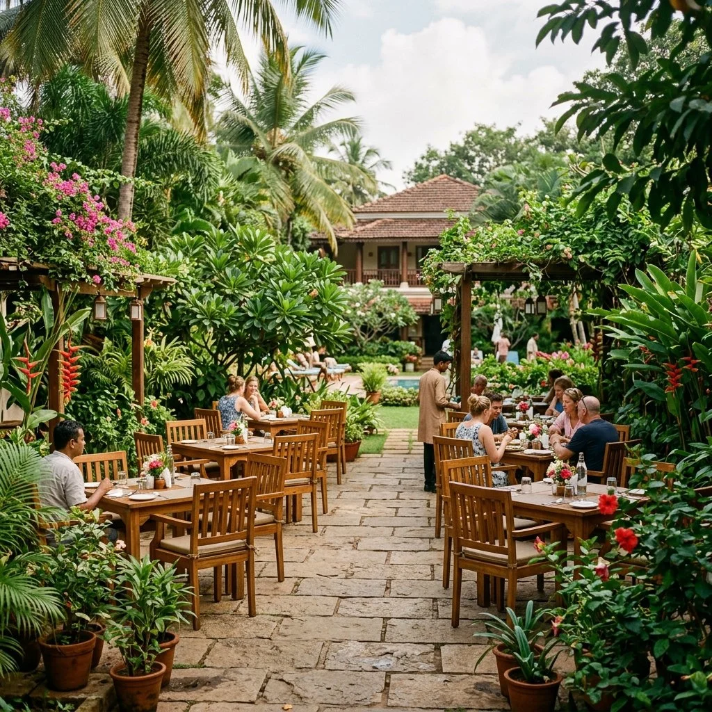Fine Garden Restaurant dining table setup at Kunal Resort