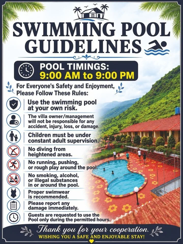 Swimming pool guidelines and timings sign